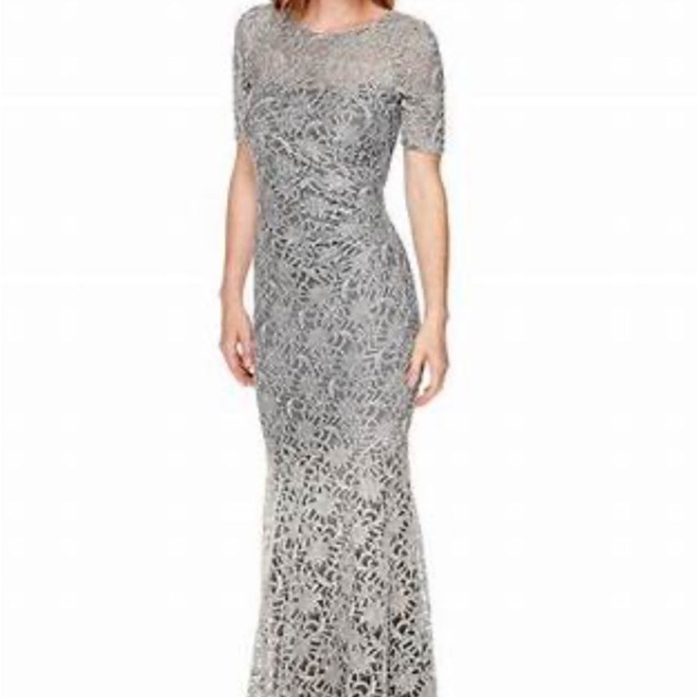 One By Eight Short Sleeve Glittery Lace Silver Holiday Mermaid Evening Gown